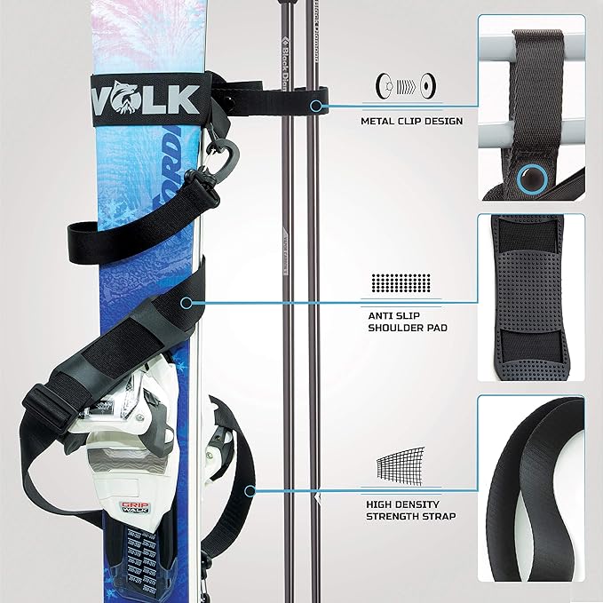 Volk Ski Strap and Pole Carrier - 2 Sets per Pack - Skiing Accessory for Easy Transportation of Your Ski Gear - Feel Comfortable Walking to and From the Mountain - Adjustable Size