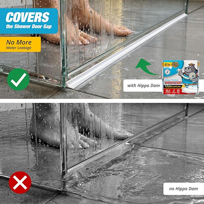 Shower Threshold Water Dam Barrier 67" - White Collapsible Walk in Shower Water Guard - Door Bottom Seal Strip Leak Guard by Hippo Dam