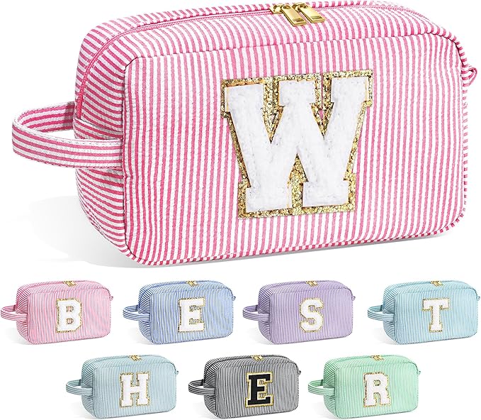 YOOLIFE Monogram Cute Initial Pink Makeup Bags - Cosmetic Toiletry Pouch Make Up Case for Women's Friendship, Personalized Birthday Gifts