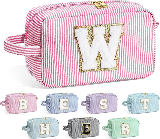 YOOLIFE Monogram Cute Initial Pink Makeup Bags - Cosmetic Toiletry Pouch Make Up Case for Women's Friendship, Personalized Birthday Gifts