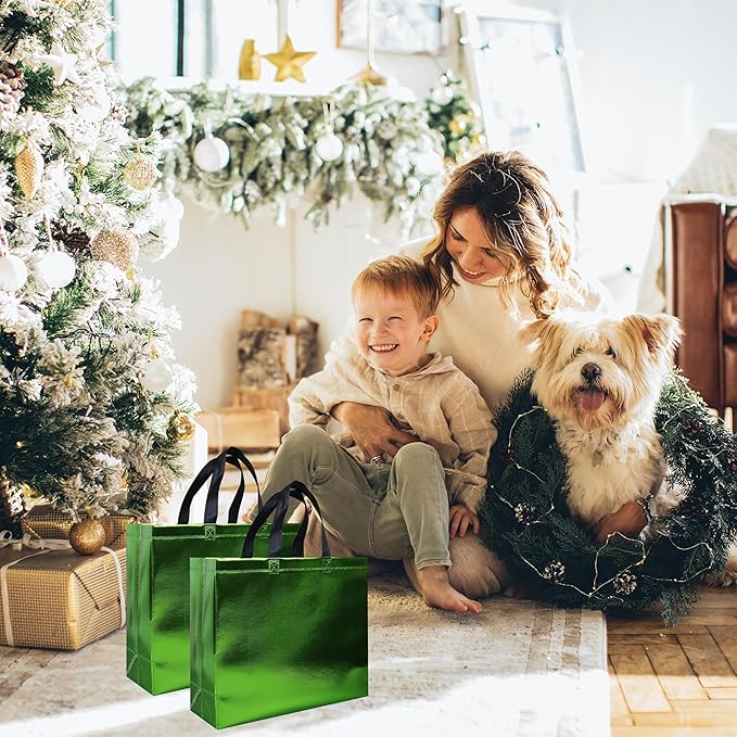 cabzymx Light Green Reusable Gift Bags 15 Pcs, 12.6 x 4.7 x 11 In Non-woven Party Gift Bags Bulk with Sturdy Bases for Birthday, Wedding, Christmas, Holiday