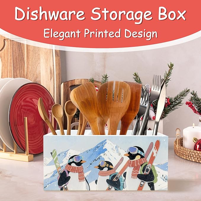 Winter Skiing Penguin Pen Pencil Holder Organizer for Desk, Penguin Gifts for Women, Winter Snowy Mountains Animal Wood Cooking Kitchen Utensils Utensil Organizer Holder Decor