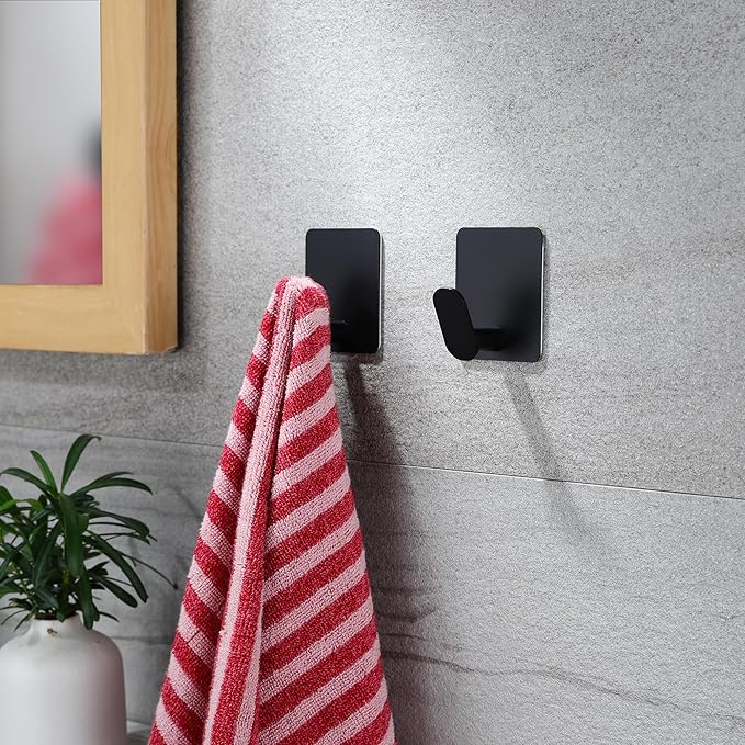 YIGII Adhesive Hooks, 4 Pack Black Towel Hooks for Bathroom and Kitchen, Waterproof Stainless Steel Wall Hook for Hanging Coat, Hat, Loofah