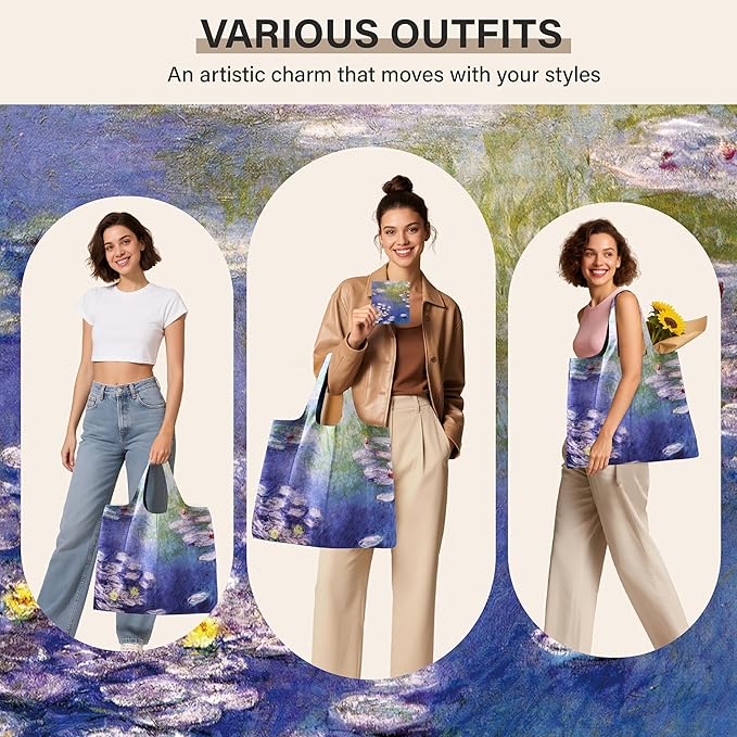 Reusable Grocery Bags, Oil Painting Art Tote Bags With Carry Pouch Waterproof Shopping Bags for Travel Daily Use