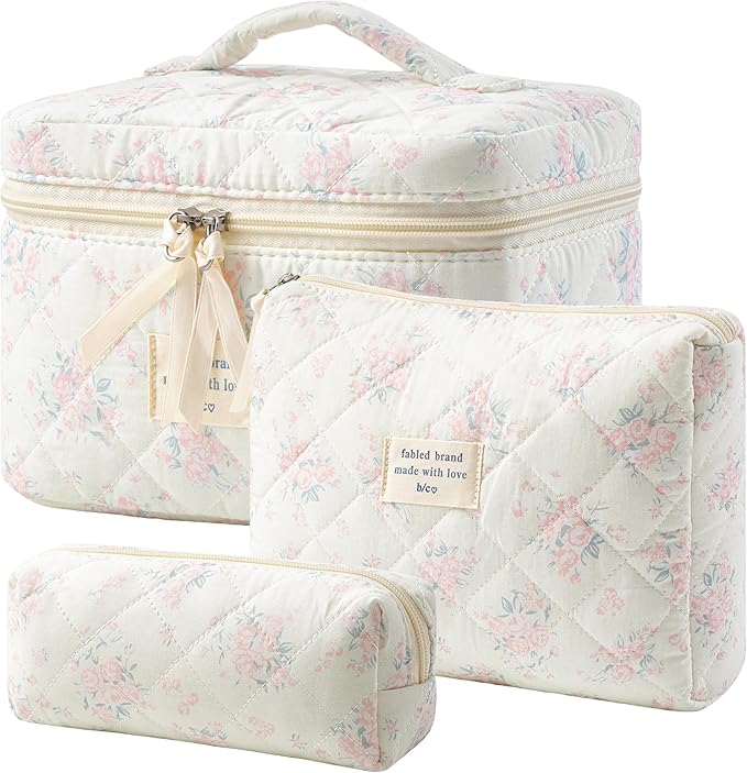 HBselect Quilted Makeup Bag, 3PCS Cotton Large Travel Makeup Bag, Cute Floral Coquette Make up Bag Cosmetic Bag Toiletry Bag for Women Girls