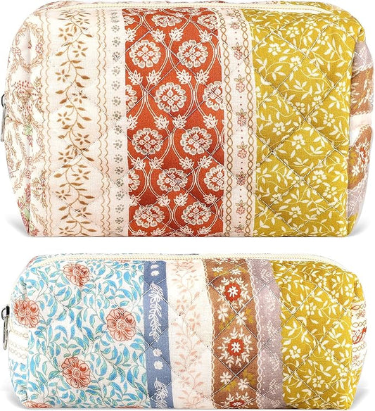 2Pcs Floral Makeup Bag for Women Cotton Quilted Coquette Cosmetic Bag Cute Zipper Mixed Flower Makeup Pouch Aesthetic Portable Pencil Pouch Travel Toiletry Bag Trendy Cloth Skincare Bag
