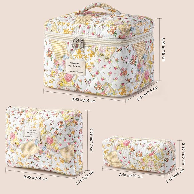 HBselect Quilted Makeup Bag, 3PCS Cotton Large Travel Makeup Bag, Cute Floral Coquette Make up Bag Cosmetic Bag Toiletry Bag for Women Girls