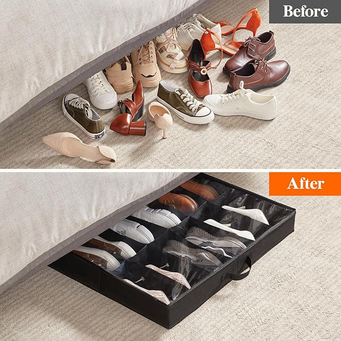 Lifewit Under Bed Shoe Storage Organizer 1 Pack (12 Pairs), 4.3" Tall Fabric Shoes Container Box, Foldable Closet Shoe Bag with 2 Reinforced Handles and Clear Cover, Black