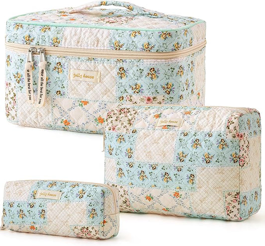 HBselect Quilted Makeup Bag, 3PCS Cotton Large Travel Makeup Bag, Cute Floral Coquette Make up Bag Cosmetic Bag Toiletry Bag for Women Girls