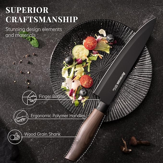 Astercook Knife Set, 6-Piece Kitchen Knife Set with Block, High Carbon Stainless Steel Ultra Sharp Kitchen Knives, Wood Grain Handle, Dishwasher Safe Knife Block Set, Black, Mothers Day Gifts