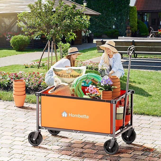 Collapsible Wagon Cart with Wheels, 150L Lightweight Foldable Utility Cart, Portable Rolling Wagon for Garden, Shopping, Sports, Camping, Transport, Orange