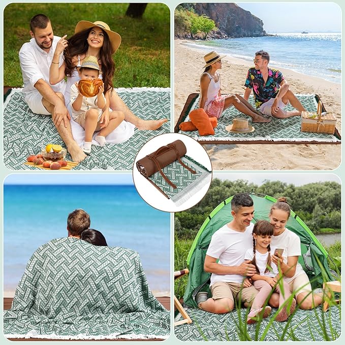 VitalCozy Waterproof Picnic Blankets Outdoor Blanket Foldable 2-in-1 Double Layer Sandproof Beach Mat with Carry Strap for Camping Lawn Park Beach Grass (Green White)