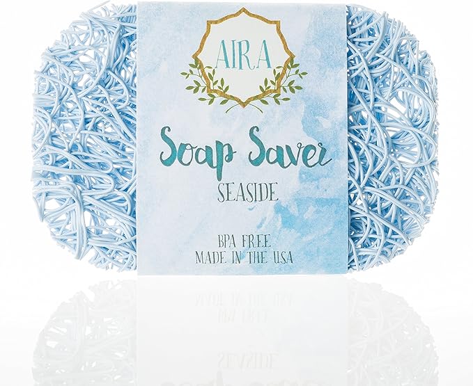 Aira Soap Saver - Soap Dish & Soap Holder Accessory - BPA Free Shower & Bath Cleanser Holder - USA Made - Drains Water, Circulates Air, Extends Life - Easy to Clean, Fits All Dish Sets - Seaside