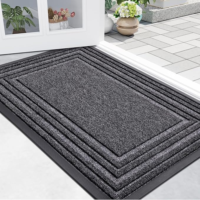 Buganda Front Door Mat Indoor Outdoor Entrance, Non-Slip Natural Rubber Doormats, Easy Clean, Low Profile, Dirt Trapper Entryway Floor Mats for Outside, Garages and Patios, 29.5x17, Silver Grey