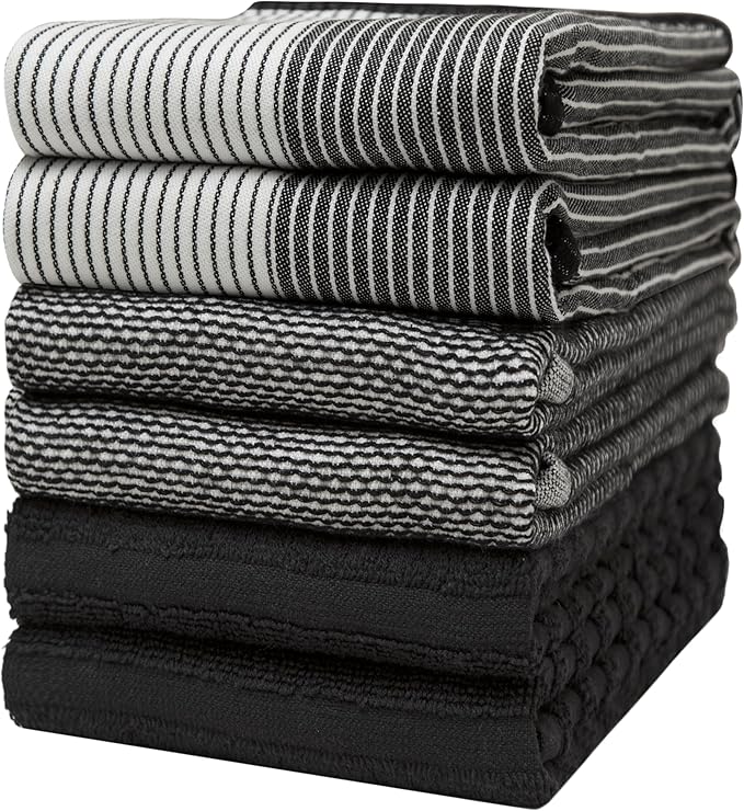 Premium Kitchen Towels (20”x 28”, 6 Pack) | Large Cotton Dish Towels | Flat & Terry Highly Absorbent Kitchen Linen Set with Hanging Loop | Black