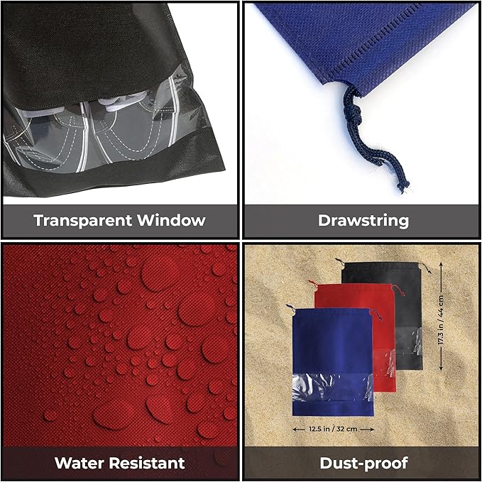 Travel Shoe Bag for Packing in Suitcase, Organizing & Storage (12 Pack) - Reusable Dustproof & Water Resistant Pouch Protectors for Accessories, Laundry & Toys with Clear Window & Drawstrings. (Black)