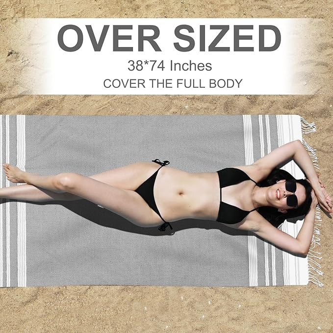 Genovega Oversized Cotton Turkish Beach Bath Towel Set 74"x38" Extra Large Sand Free Quick Dry Swim Camping Pool Clearance Towels Travel Blanket Adult Essentials Stripe Black