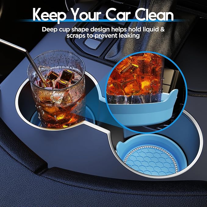 Amooca Car Cup Coaster Universal Non-Slip Cup Holders Bling Crystal Rhinestone Car Interior Accessories 2 Pack Light Blue