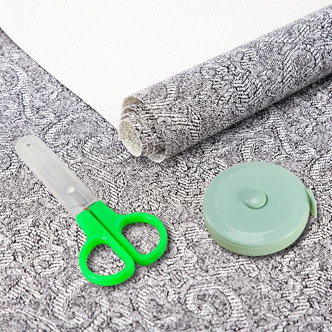 12X120 Inch Shelf Liner with Scissor & Tape Measure for Kitchen Cabinets, PVC Drawer Liner for Dresser Non-Slip Bathroom, Non-Adhesive Cabinet Liner Washable (Black)