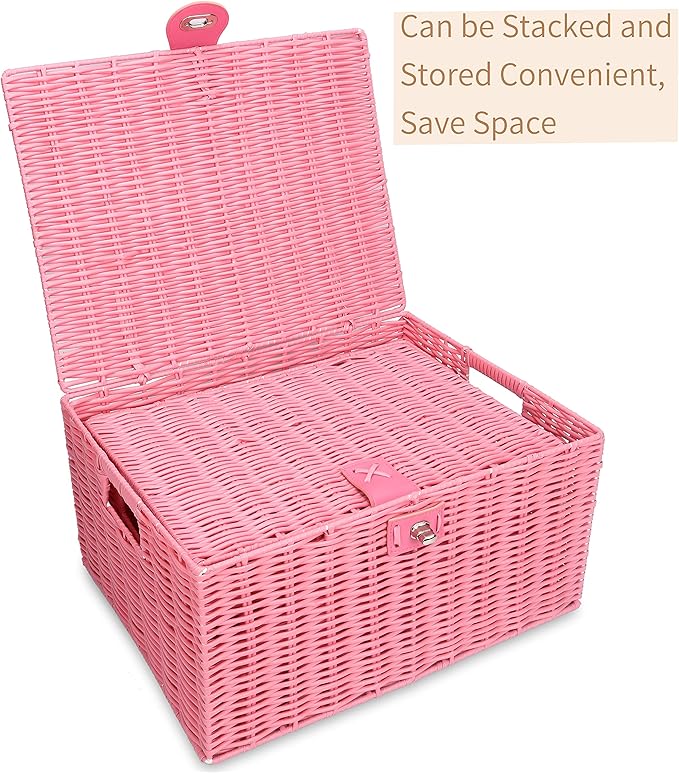 Honygebia Pink Wicker Storage Baskets - Set of 3 Decorative Nesting Boxes with Lids, Woven Basket with Lock & Handle, Organizer for Beauty Makeup Bathroom Decor