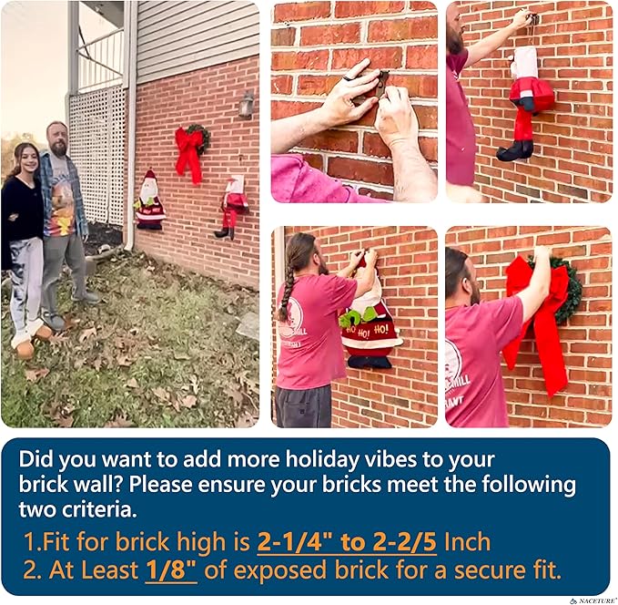 NACETURE Brick Hook Clips (4 Pack) – No-Drill Brick Hangers for 2.25"–2.40" Bricks, Require ≥1/8" Mortar Recess, Holds up to 25 lb – Outdoor Wreath & Light Clips