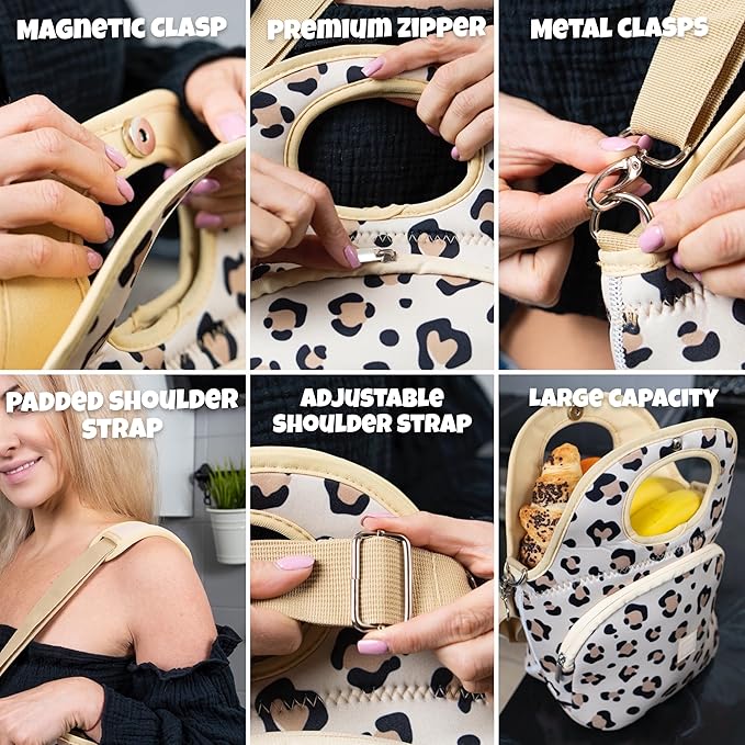 Made Easy Kit Large Insulated Lunch Tote Bag – Stylish Neoprene Carrier, Foil Lining, Front Zipper Pocket & Shoulder Strap – Machine Washable, Lightweight, Travel Ready (Cheetah)