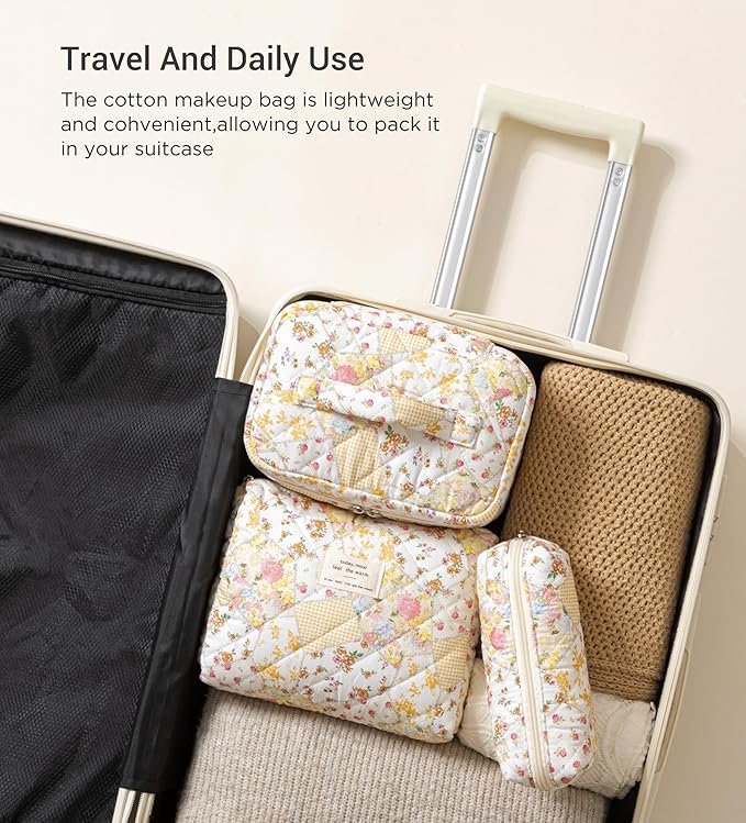 HBselect Quilted Makeup Bag, 3PCS Cotton Large Travel Makeup Bag, Cute Floral Coquette Make up Bag Cosmetic Bag Toiletry Bag for Women Girls