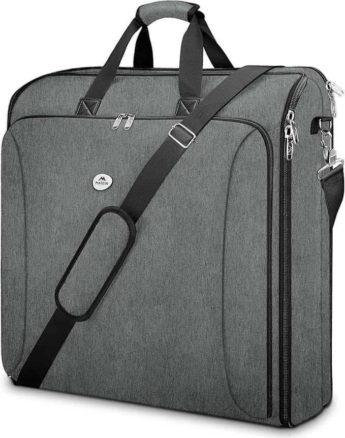 MATEIN Travel Garment Bag, Double Layer Folding Suit Bag with Adjustable Strap for Business Trips, Large Waterproof Wrinkle Free 2 in 1 Hanging Suitcase Cover Luggage for Shirts Dresses Coats, Grey