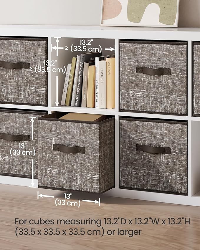 SONGMICS Storage Cubes, 13-Inch Non-Woven Fabric Bins with Double Handles, Set of 6, Closet Organizers for Shelves, Foldable, for Clothes, Walnut Color UROB033K02