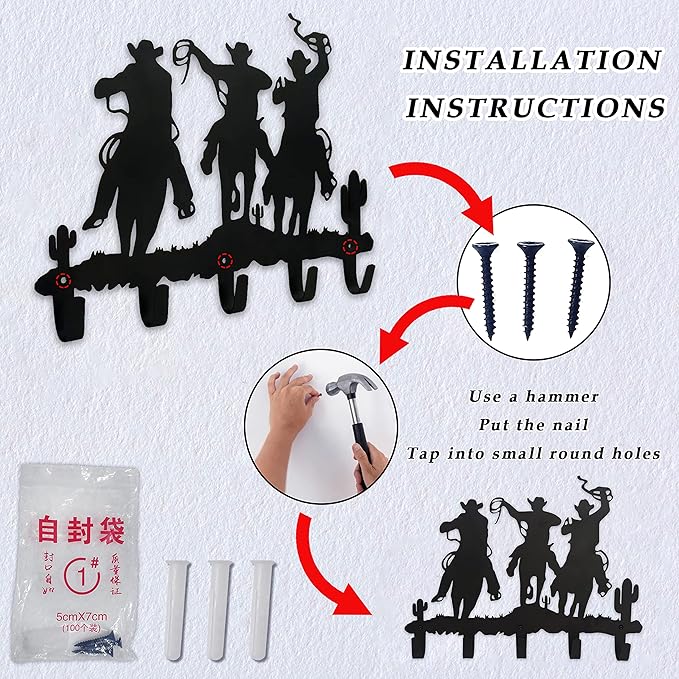 Western Cowboy Coat Hooks Wall Art Decor-Cowboy Hangers and Key Hooks Holder-Clothes Hat Rack and Backpack Hanger-Sweet Home Decor for Storage, Living Room, Hallway, Office (Black)