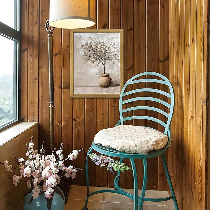 Wood Framed Olive Tree Canvas Wall Art, Room Aesthetic Oil Painting, Rustic Vintage Potted Plant Wall Decor, Neutral Botanical Artwork for Living Room Kitchen Dining Room Farmhouse Home Decor 8x10 in