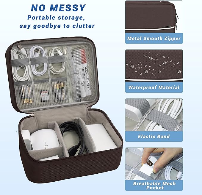 Electronics Organizer, Travel Cord Organizer Pouch, Portable Cable Organizer Bags, Waterproof Electronic Accessories Storage Case for Cables, Cords, Charger, Phone (Double Layer-Brown)