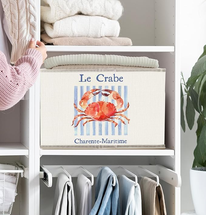 Coastal Beach Crab Storage Bins Box with Handles, Nautical Ocean Crab Collapsible Fabric Storage Basket Box Organizer for Beach House Bedroom Bathroom Clothes Toys Books