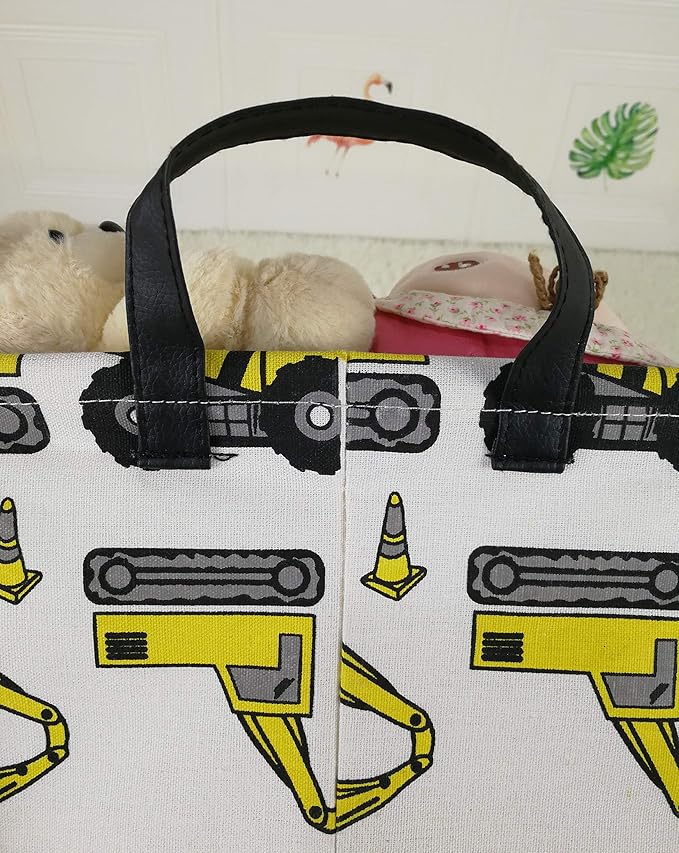 KUNRO Rectangle Yellow Storage Basket Gift Shelf Basket Storage Bin, Nursery Basket Organizer Box for With Handles for Room Deco (Excavator)