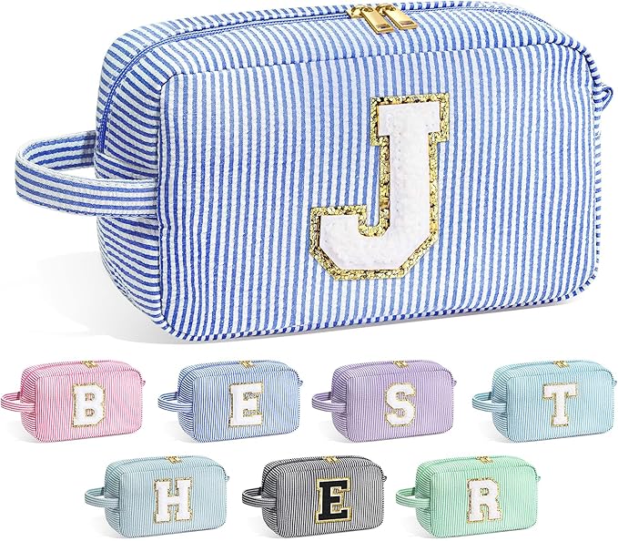 YOOLIFE Teen Girls Makeup Bag - Monogram Makeup Bags Cosmetic Toiletry Pouch Make Up Case for Women Her Best Friend Friendship Sister Teacher, Personalized Birthday Gifts for Women, Blue J