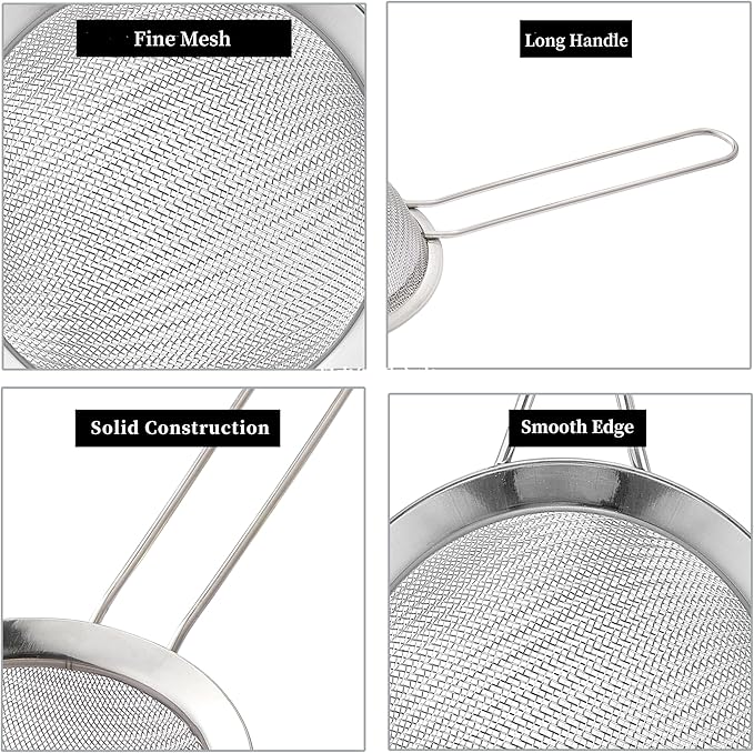 2 Pack Fine Mesh Strainers, Mini Stainless Steel Strainer with Handle for Kitchen, Metal Sieve Sifters for Straining Tea, Matcha, Cocktail, Juice and Coffee (8.6in 7.5in)
