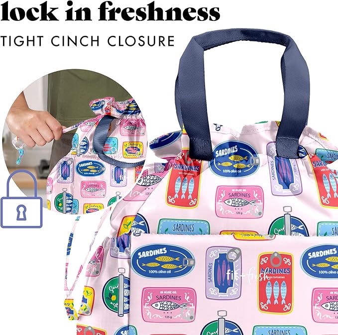 Fit & Fresh Cromwell Drawstring Lunch Bag for Women, Complete Lunch Set with 2 Containers, Stain-Resistant, Leak-Resistant, Back to School Essential, Teacher Lunchbox, Assorted Sardine Cans