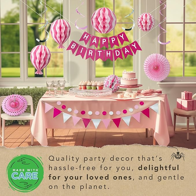 Premium Reusable Happy Birthday Decorations for Women and Girls Pink Party Decorations, Multi-occasion Banner, Pennant Banner, Paper Fans - Party Decor by Itsy Bitsy Party Co