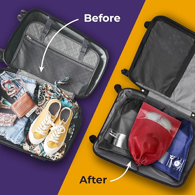 12 PCs Shoe Bags for Travel, Packing, Storage, Organizing & Suitcase. Reusable Dustproof & Water Resistant Sneakers Pouch Protectors with Clear Window & Drawstring. Laundry & Toys (Sand, Gray & Black)