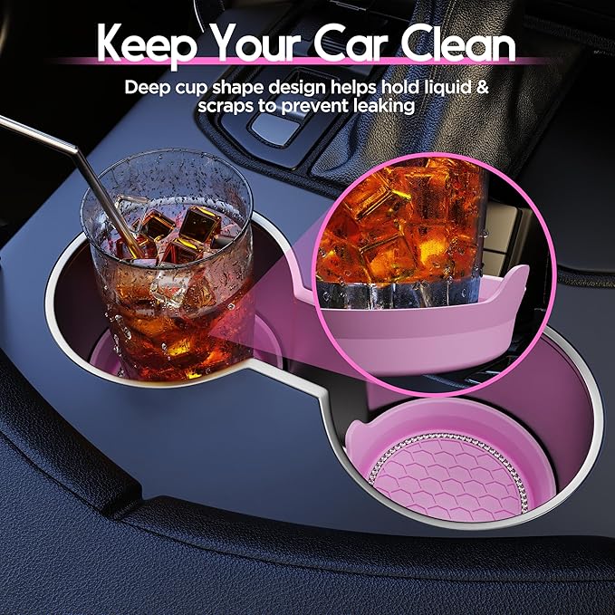 Amooca Car Cup Coaster Universal Non-Slip Cup Holders Bling Crystal Rhinestone Car Interior Accessories 2 Pack Pink