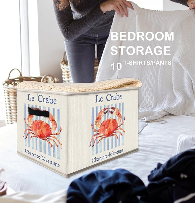 Coastal Beach Crab Storage Bins Box with Handles, Nautical Ocean Crab Collapsible Fabric Storage Basket Box Organizer for Beach House Bedroom Bathroom Clothes Toys Books