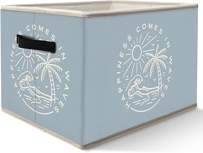Blue Coastal Beach Storage Bins Box with Handles, Happiness Comes in Waves Collapsible Fabric Storage Basket Box Organizer for Bedroom Bathroom Clothes Toys Books