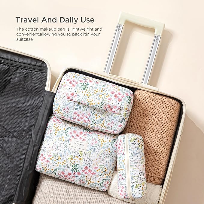 HBselect Quilted Makeup Bag, 3PCS Cotton Large Travel Makeup Bag, Cute Floral Coquette Make up Bag Cosmetic Bag Toiletry Bag for Women Girls