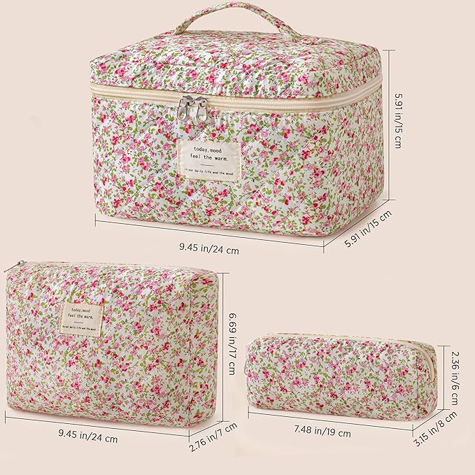HBselect Quilted Makeup Bag, 3PCS Cotton Large Travel Makeup Bag, Cute Floral Coquette Make up Bag Cosmetic Bag Toiletry Bag for Women Girls