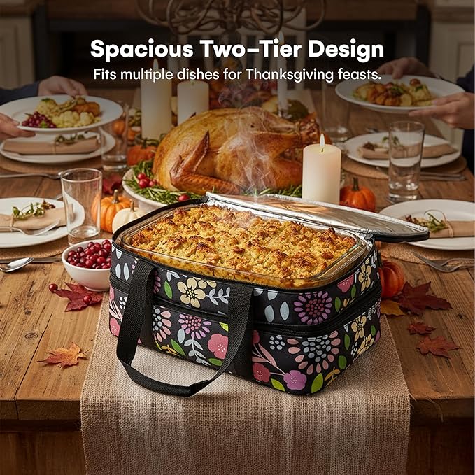 VP Home Insulated Casserole Carrier - 16"x11"x8" Food Carrier with Expandable Compartments, 2-Tier Travel Insulated Bag for Hot or Cold Dishes - Lunch Holder for Picnics, Potluck - Garden Party Design