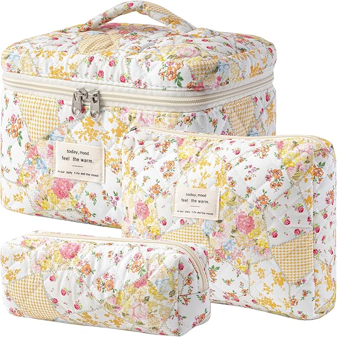 HBselect Quilted Makeup Bag, 3PCS Cotton Large Travel Makeup Bag, Cute Floral Coquette Make up Bag Cosmetic Bag Toiletry Bag for Women Girls