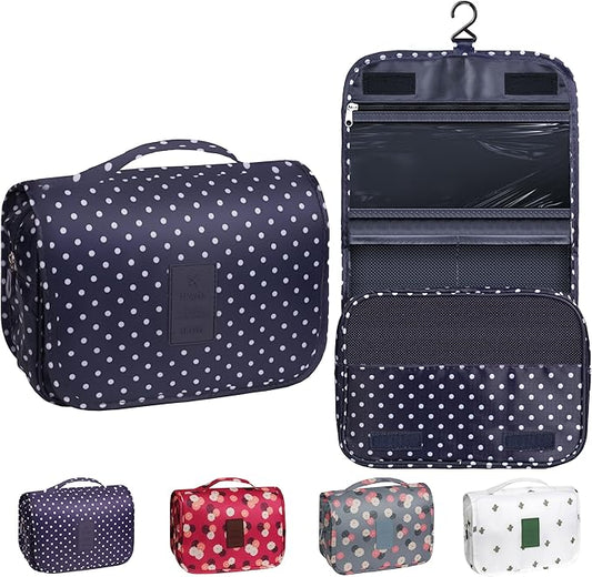 Toiletry Bag Travel Bag with Hanging Hook, Waterproof Large Capacity Hanging Multifunctional Makeup Bag for Toiletries, Portable Cosmetic Bag Travel Organizer for Women and Men (Navy Dot)