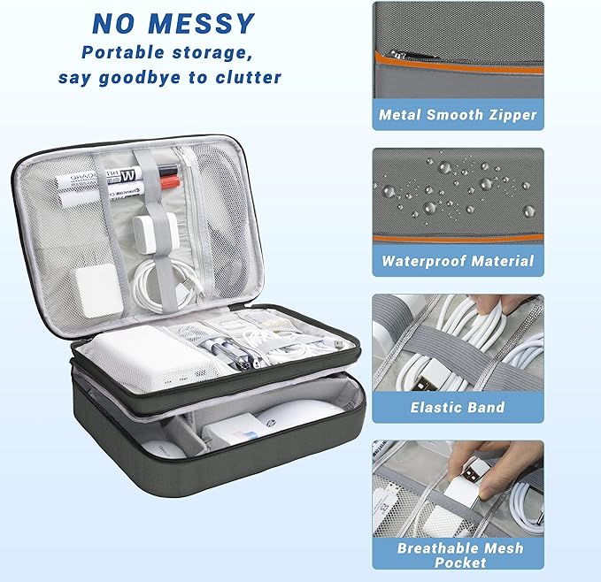 Electronics Organizer, Travel Cord Organizer Pouch, Portable Cable Organizer Bags, Waterproof Electronic Accessories Storage Case for Cables, Cords, Charger, Phone (Three Layer-Gray)