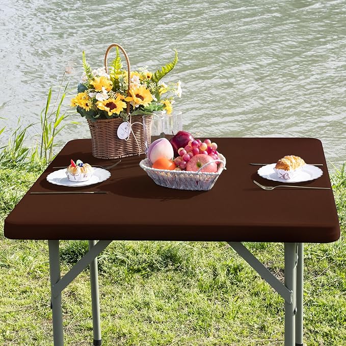 Square Fitted Table Cover Elastic Tablecloth Stretch Spandex Table Top Cover Table Topper Cap for Dining Kitchen Home Party Brown 36X36 Inch