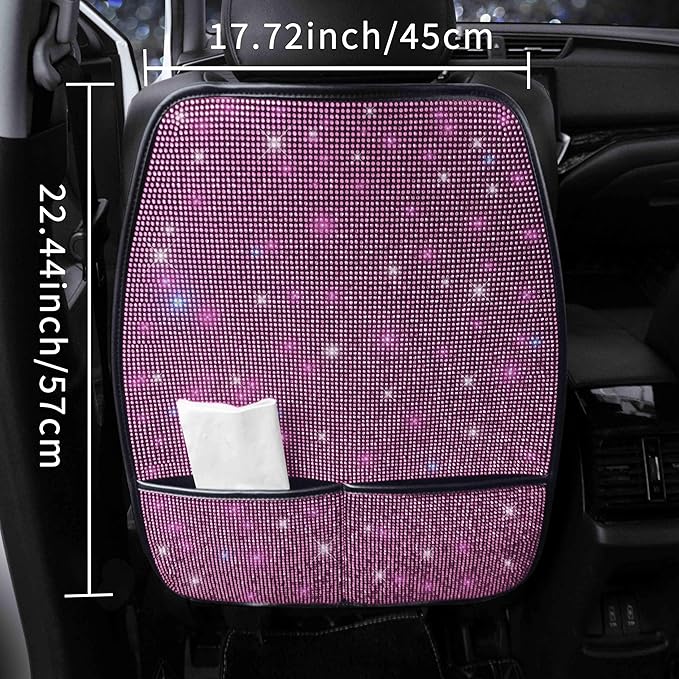Pirador Bling Kick Mats for Car Seats with Pockets – Crystal Diamond Protectors for Girls & Women, Easy-to-Install Backseat Kick Mats with Storage & Sparkling Rhinestones Pink 2pcs